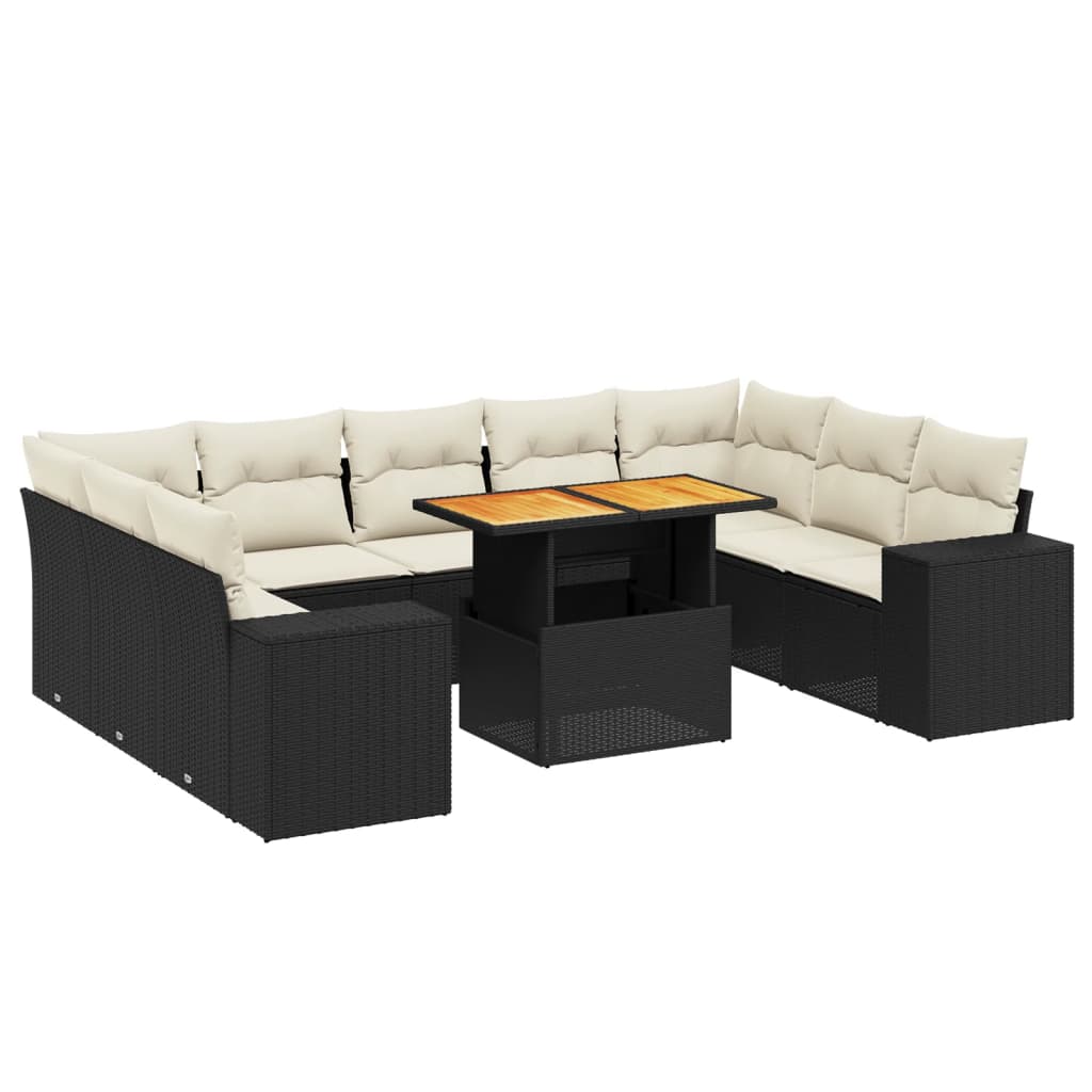 10 Piece Garden Sofa Set with Cushions Black Poly Rattan