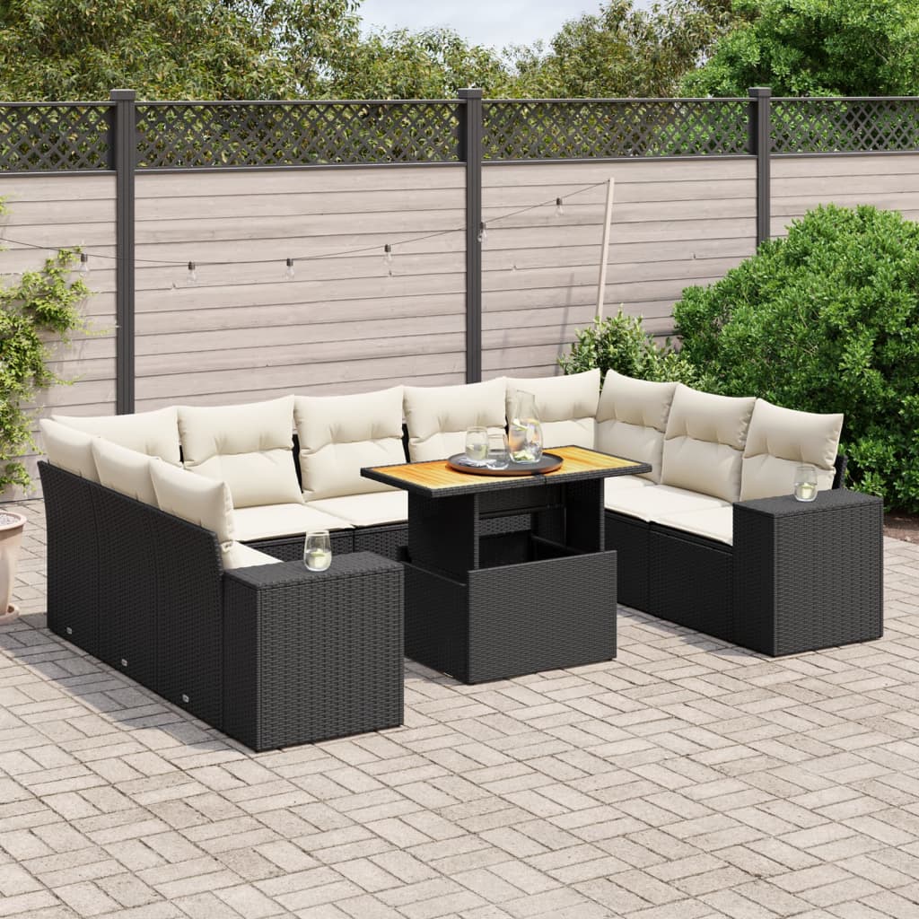 10 Piece Garden Sofa Set with Cushions Black Poly Rattan