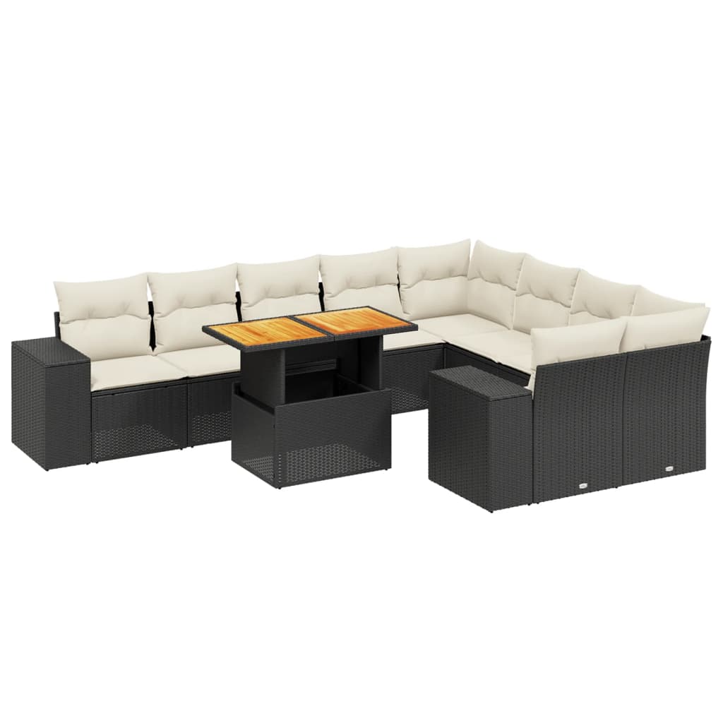 10 Piece Garden Sofa Set with Cushions Black Poly Rattan