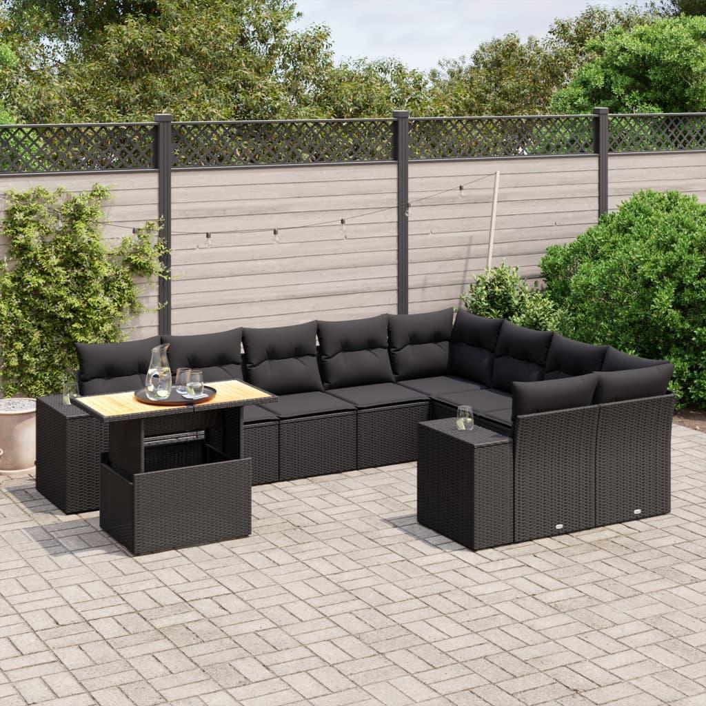 10 Piece Garden Sofa Set with Cushions Black Poly Rattan