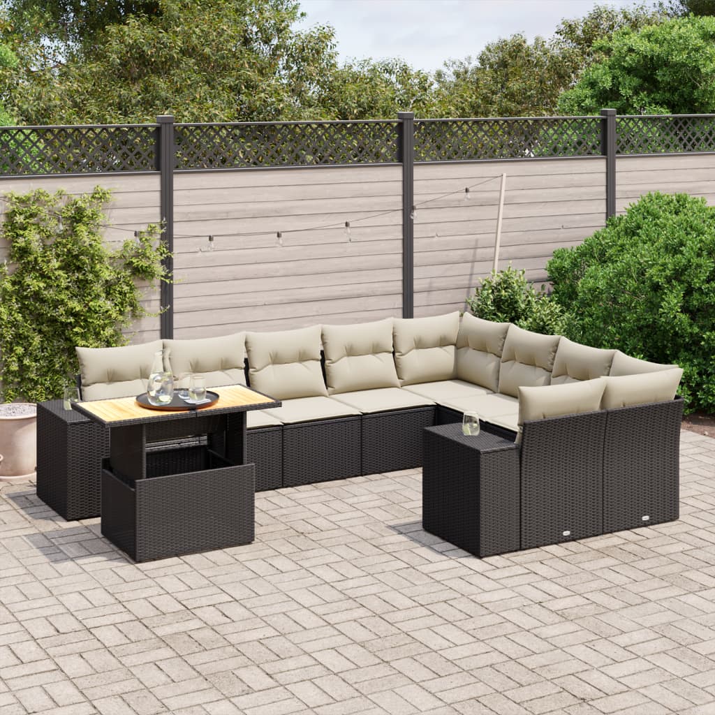 10 Piece Garden Sofa Set with Cushions Black Poly Rattan