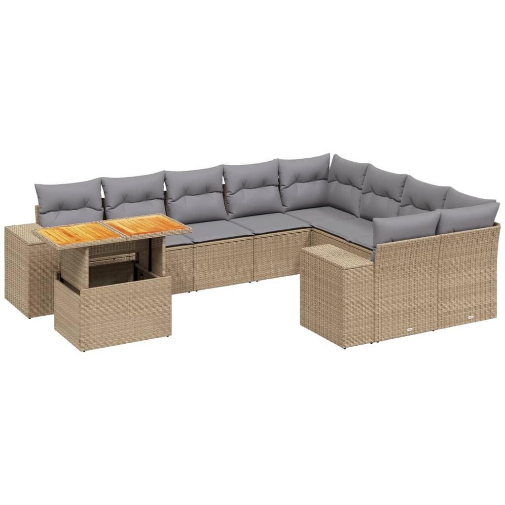 10 Piece Garden Sofa Set with Cushions Beige Poly Rattan