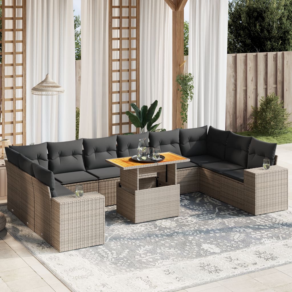 11 Piece Garden Sofa Set with Cushions Grey Poly Rattan