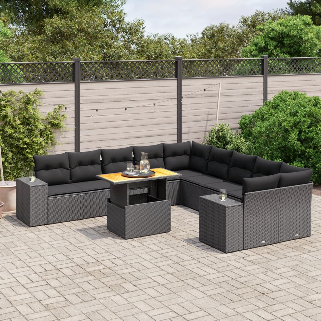 11 Piece Garden Sofa Set with Cushions Black Poly Rattan