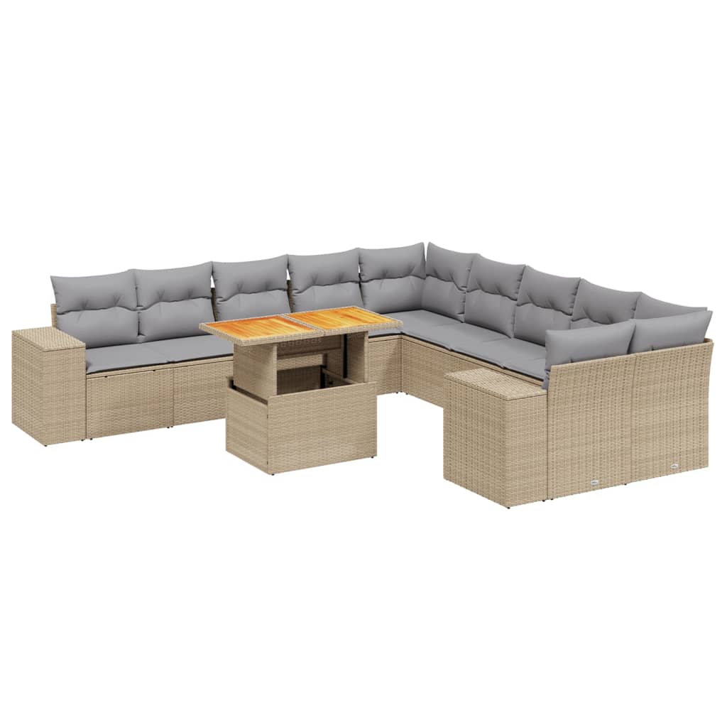 11 Piece Garden Sofa Set with Cushions Beige Poly Rattan