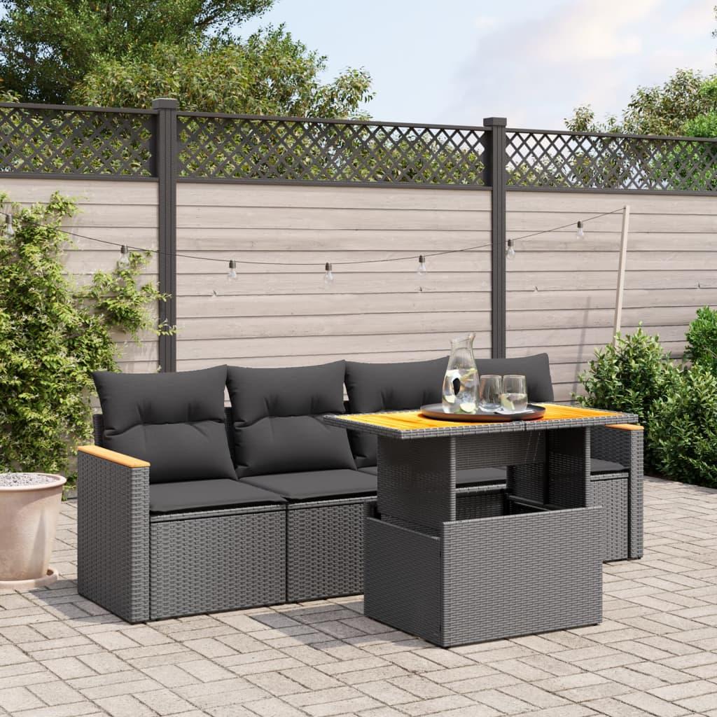 5 Piece Garden Sofa Set with Cushions Black Poly Rattan