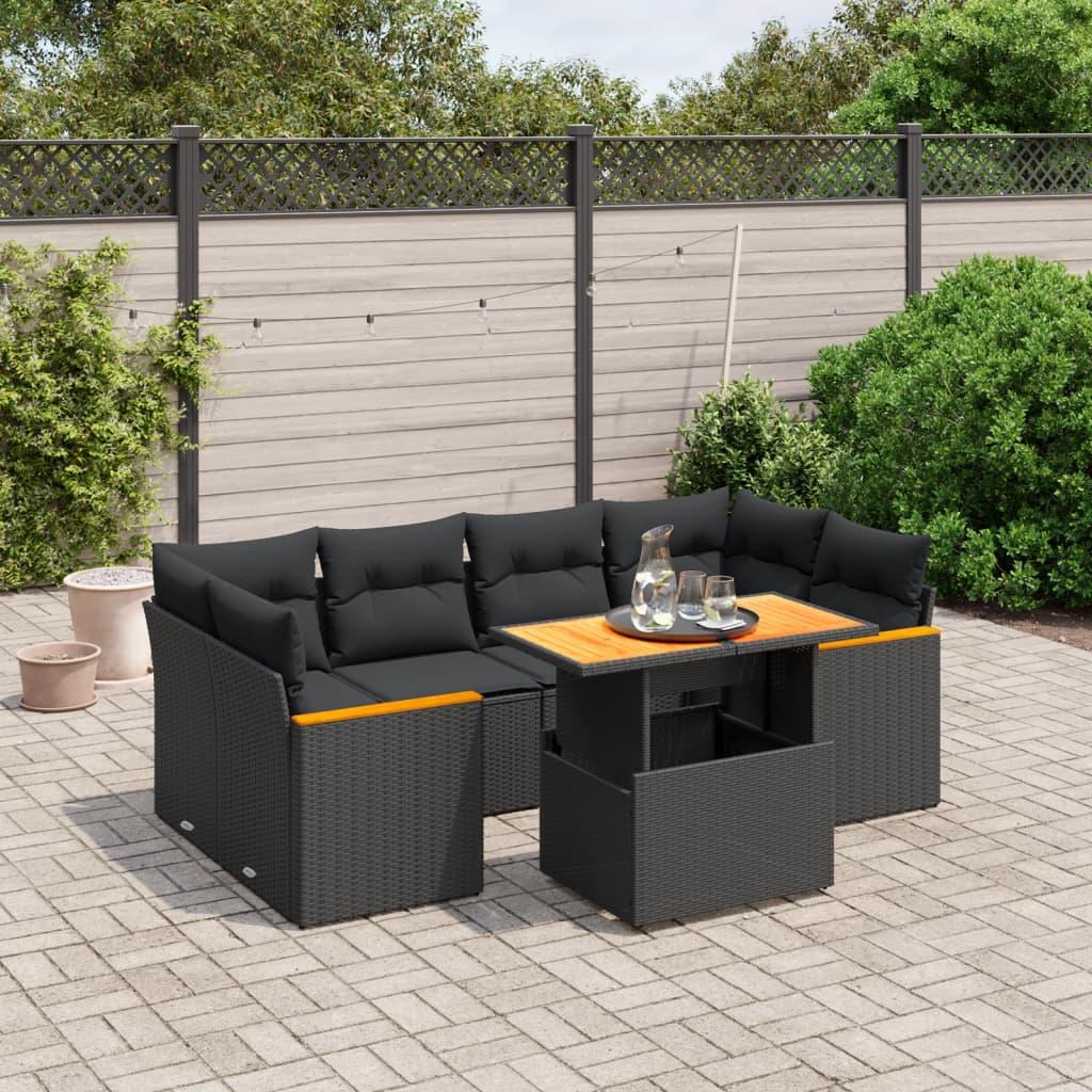 7 Piece Garden Sofa Set with Cushions Black Poly Rattan