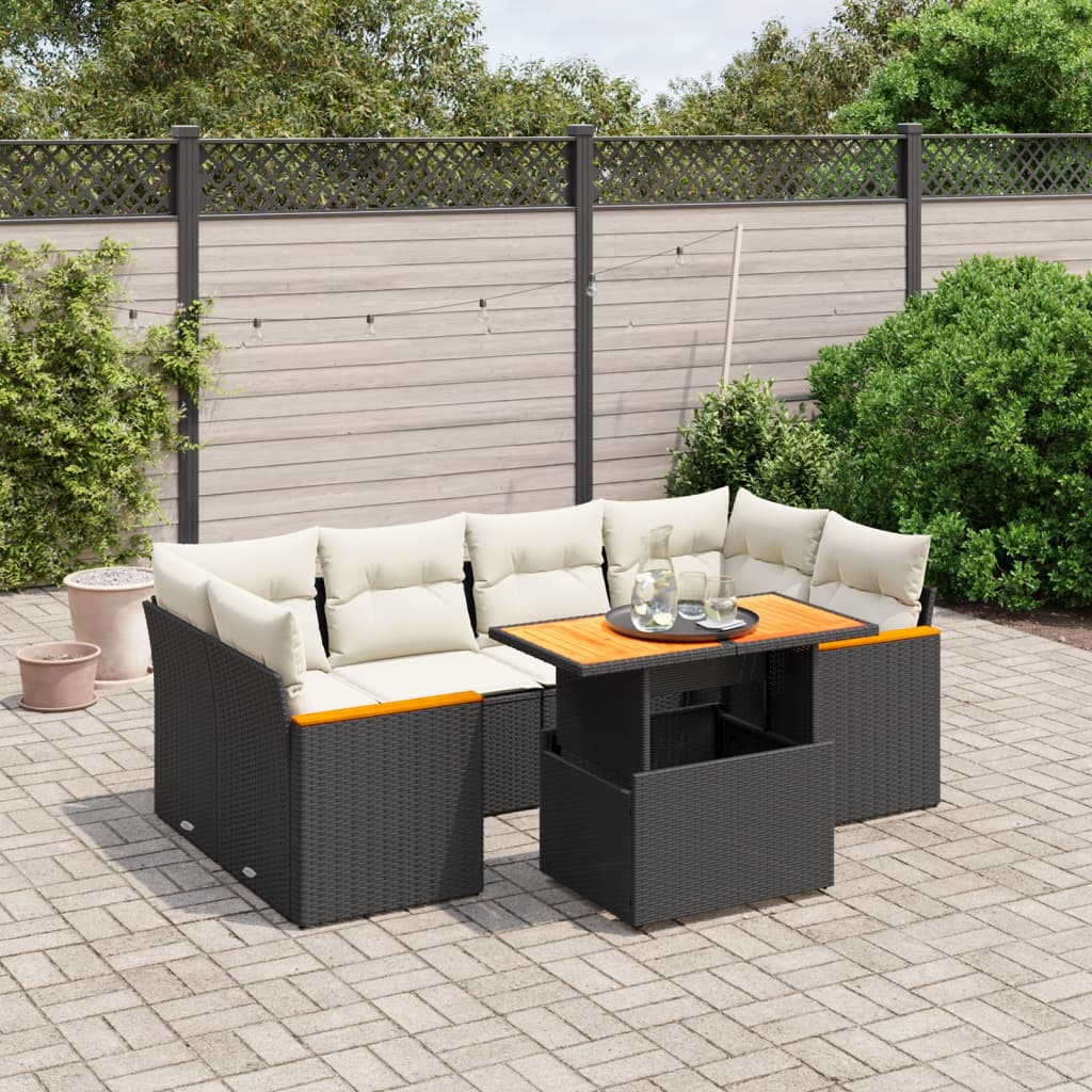 7 Piece Garden Sofa Set with Cushions Black Poly Rattan