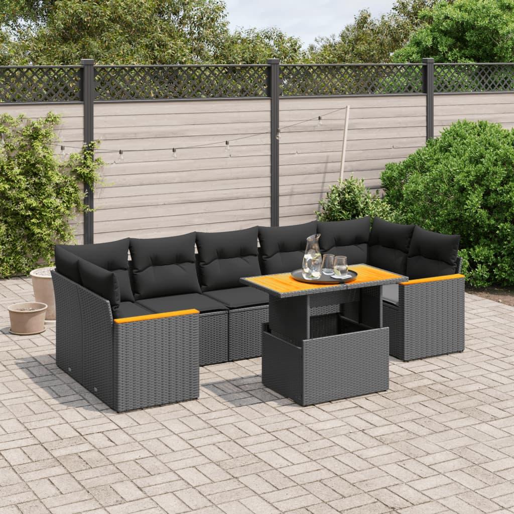 8 Piece Garden Sofa Set with Cushions Black Poly Rattan