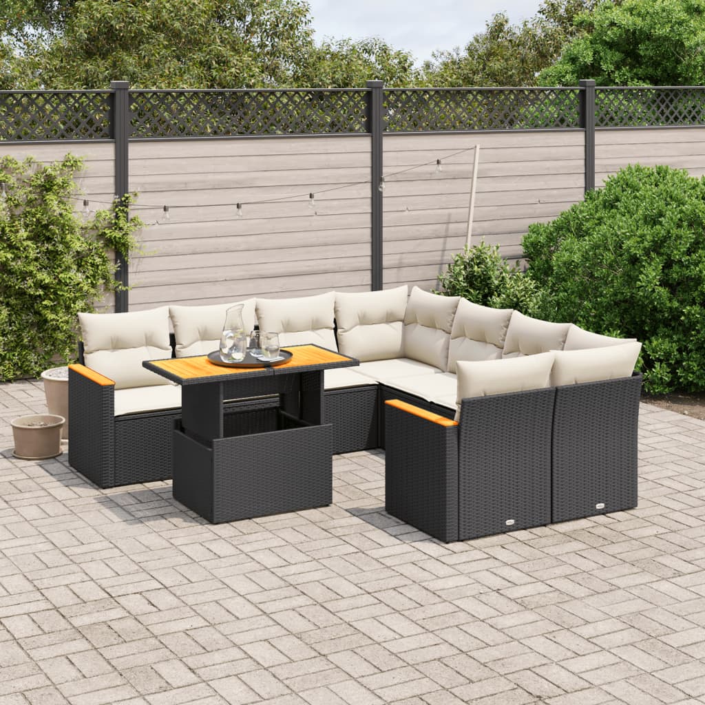 9 Piece Garden Sofa Set with Cushions Black Poly Rattan