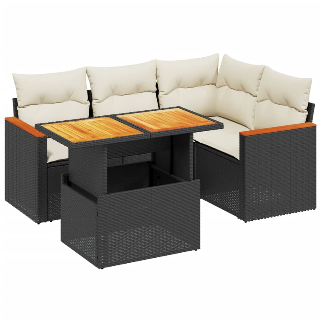 5 Piece Garden Sofa Set with Cushions Black Poly Rattan