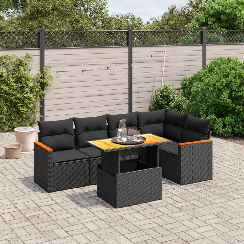 6 Piece Garden Sofa Set with Cushions Black Poly Rattan