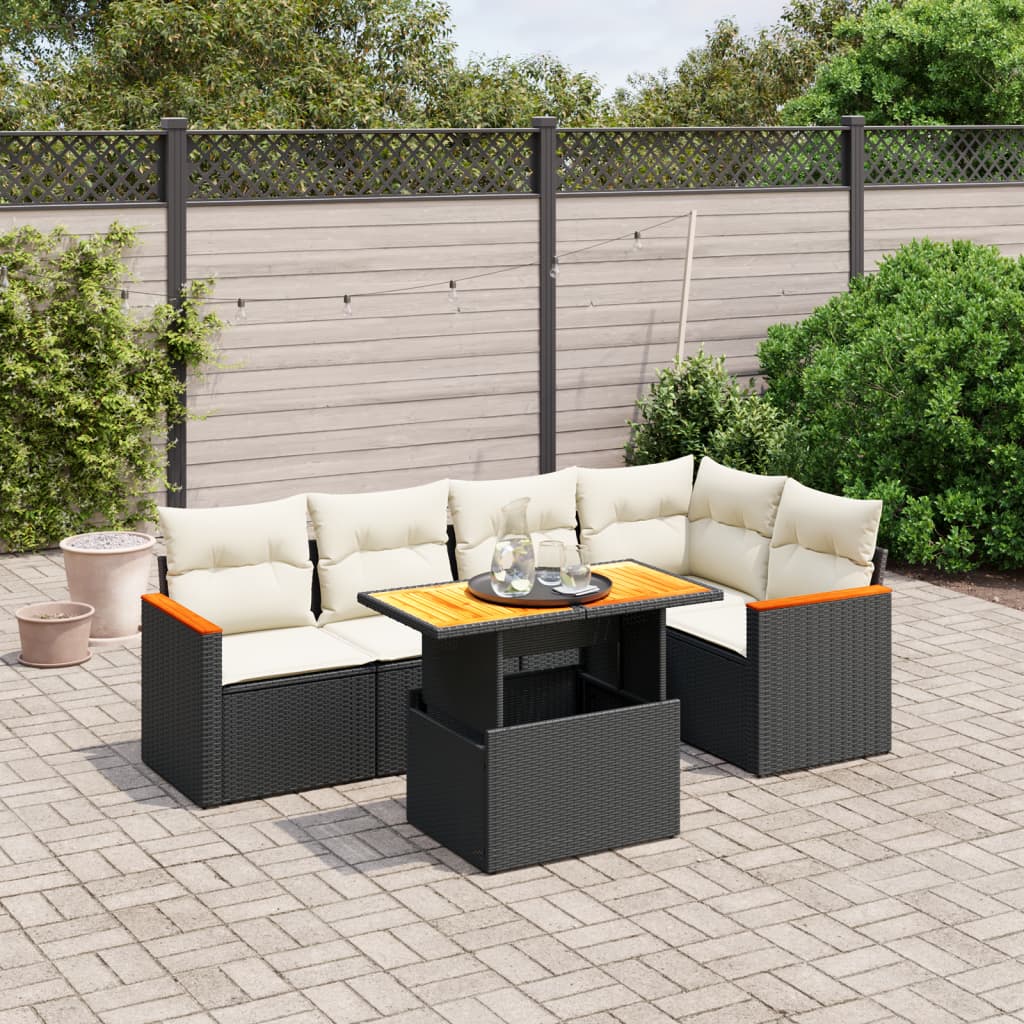 6 Piece Garden Sofa Set with Cushions Black Poly Rattan