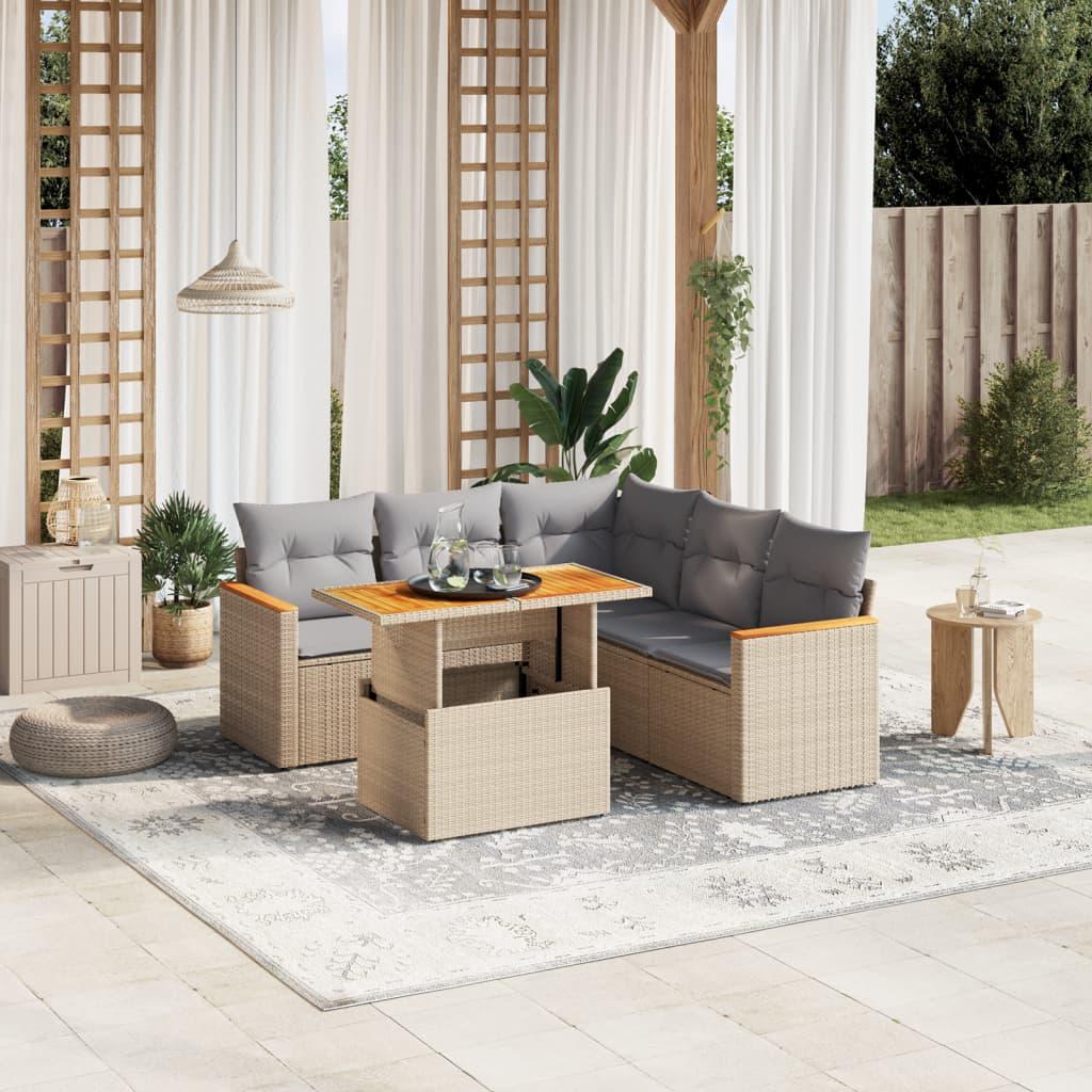 6 Piece Garden Sofa Set with Cushions Beige Poly Rattan