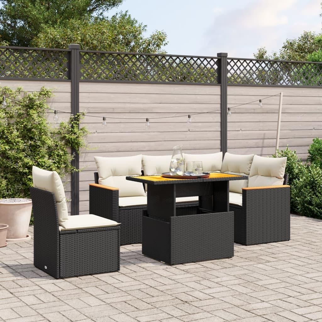 6 Piece Garden Sofa Set with Cushions Black Poly Rattan