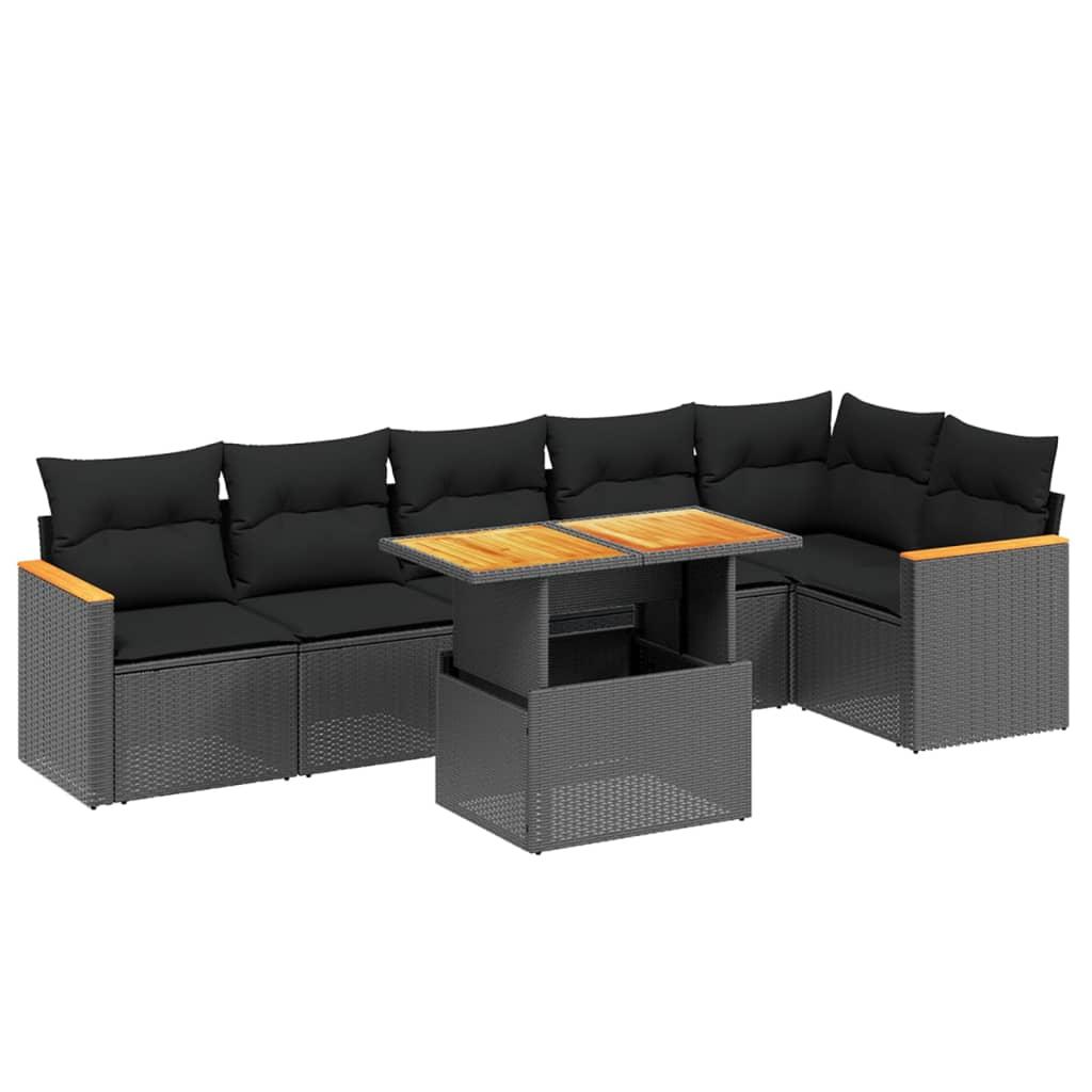 7 Piece Garden Sofa Set with Cushions Black Poly Rattan