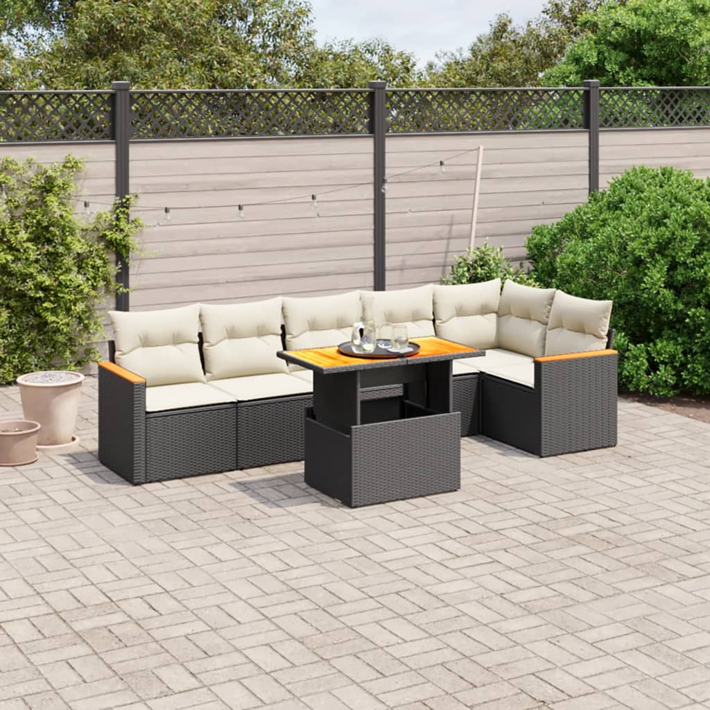 7 Piece Garden Sofa Set with Cushions Black Poly Rattan