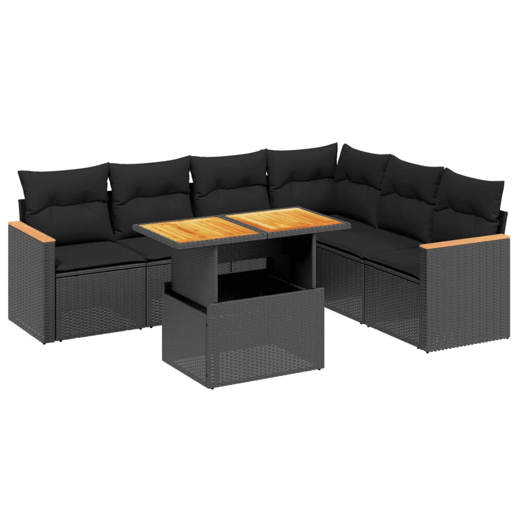 7 Piece Garden Sofa Set with Cushions Black Poly Rattan