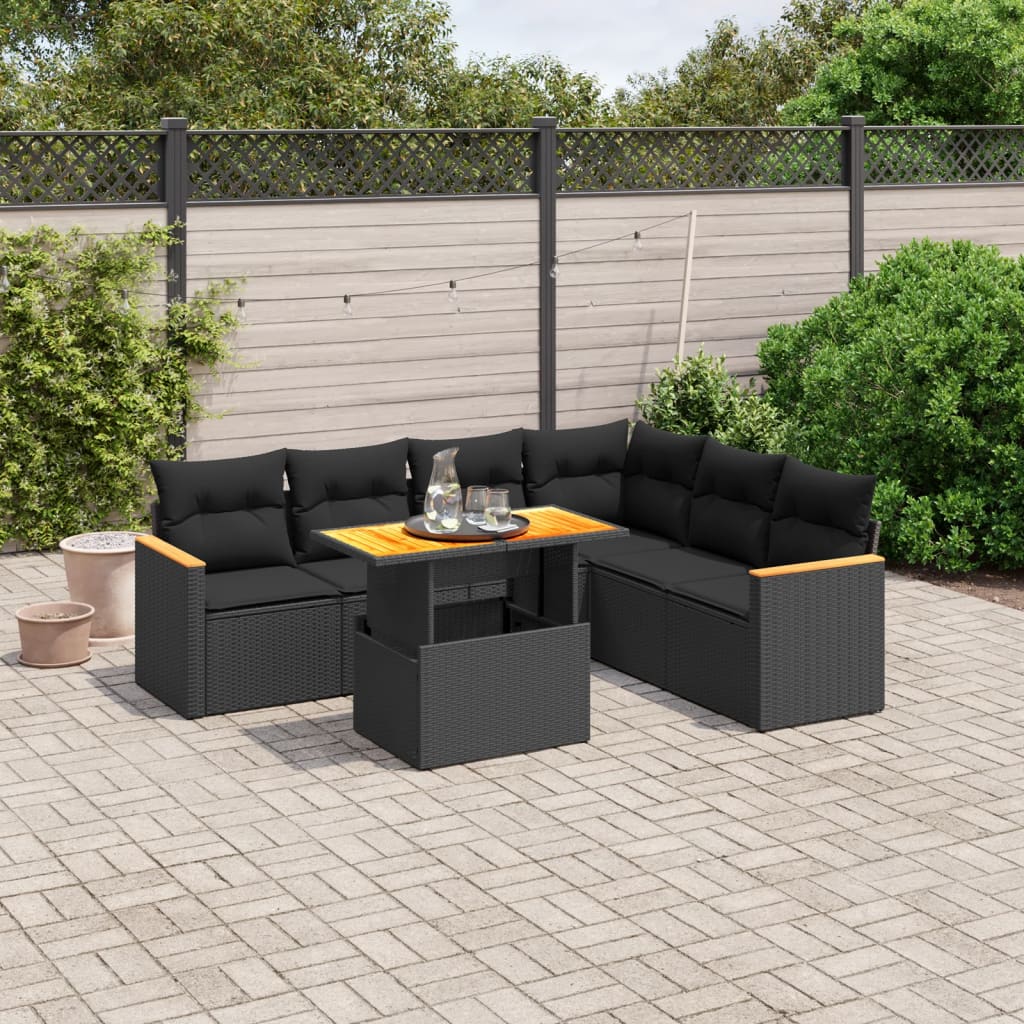 7 Piece Garden Sofa Set with Cushions Black Poly Rattan