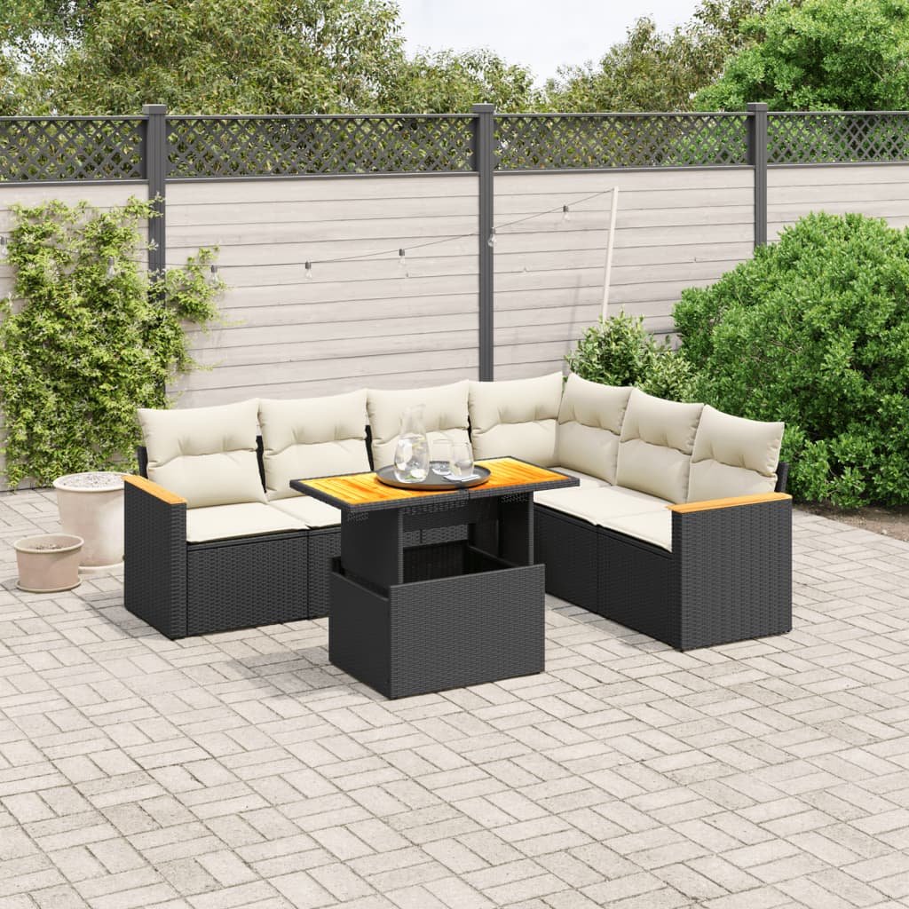 7 Piece Garden Sofa Set with Cushions Black Poly Rattan