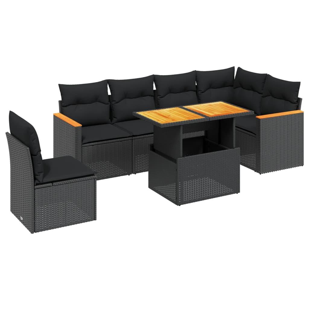 7 Piece Garden Sofa Set with Cushions Black Poly Rattan