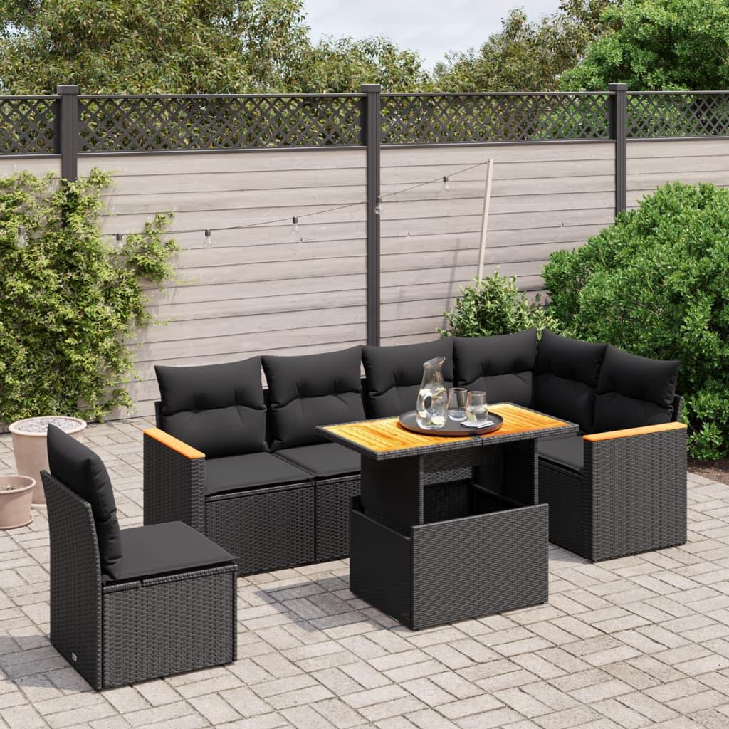 7 Piece Garden Sofa Set with Cushions Black Poly Rattan