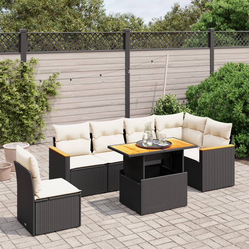 7 Piece Garden Sofa Set with Cushions Black Poly Rattan