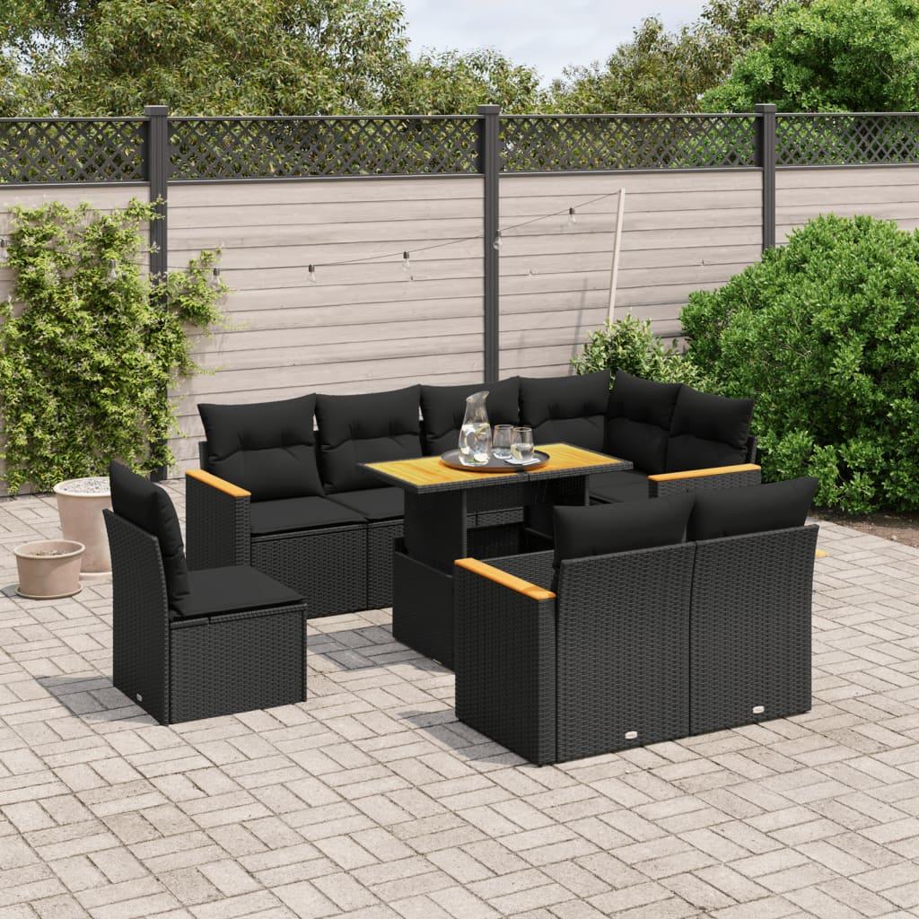 9 Piece Garden Sofa Set with Cushions Black Poly Rattan