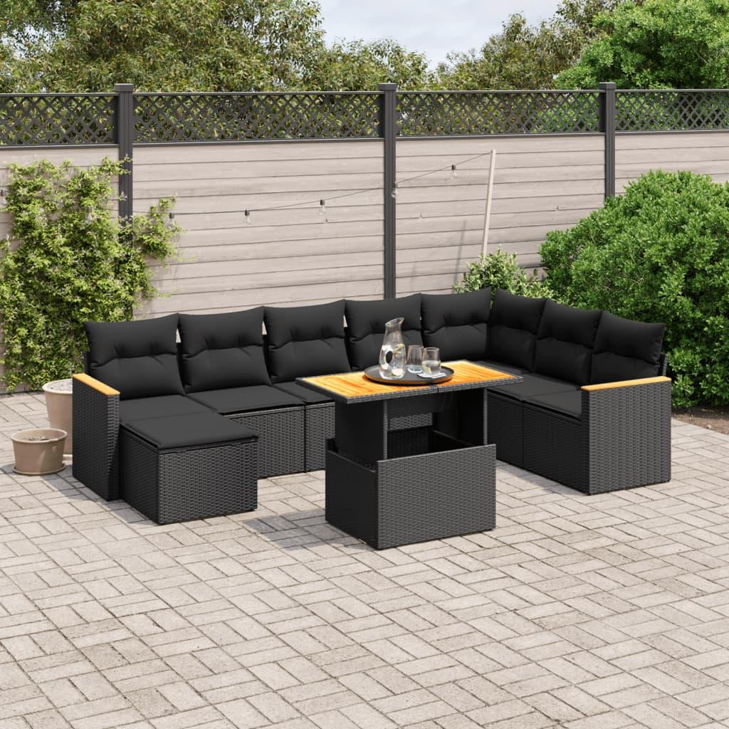 9 Piece Garden Sofa Set with Cushions Black Poly Rattan