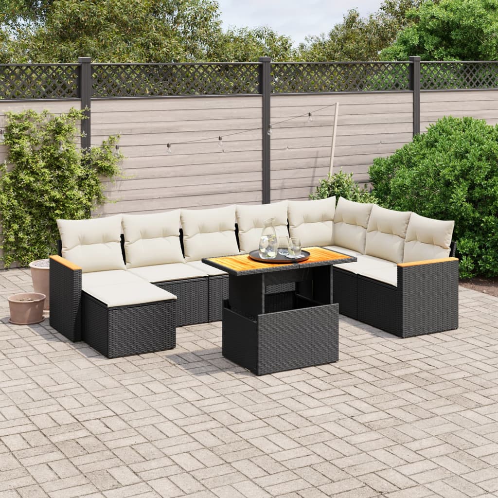 9 Piece Garden Sofa Set with Cushions Black Poly Rattan