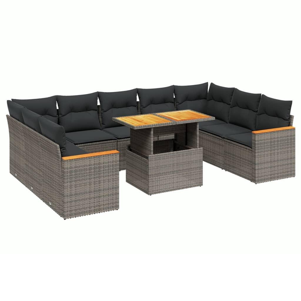 10 Piece Garden Sofa Set with Cushions Grey Poly Rattan