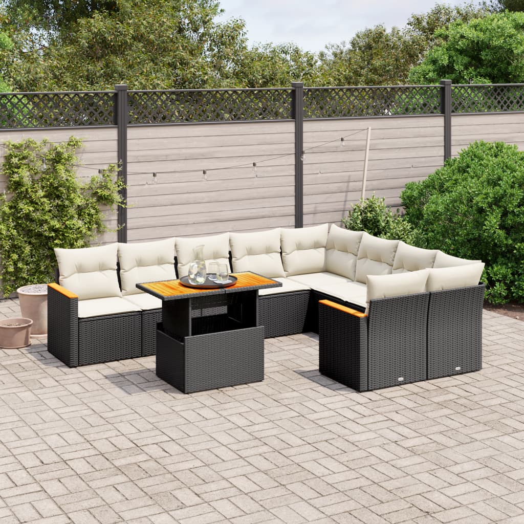 10 Piece Garden Sofa Set with Cushions Black Poly Rattan