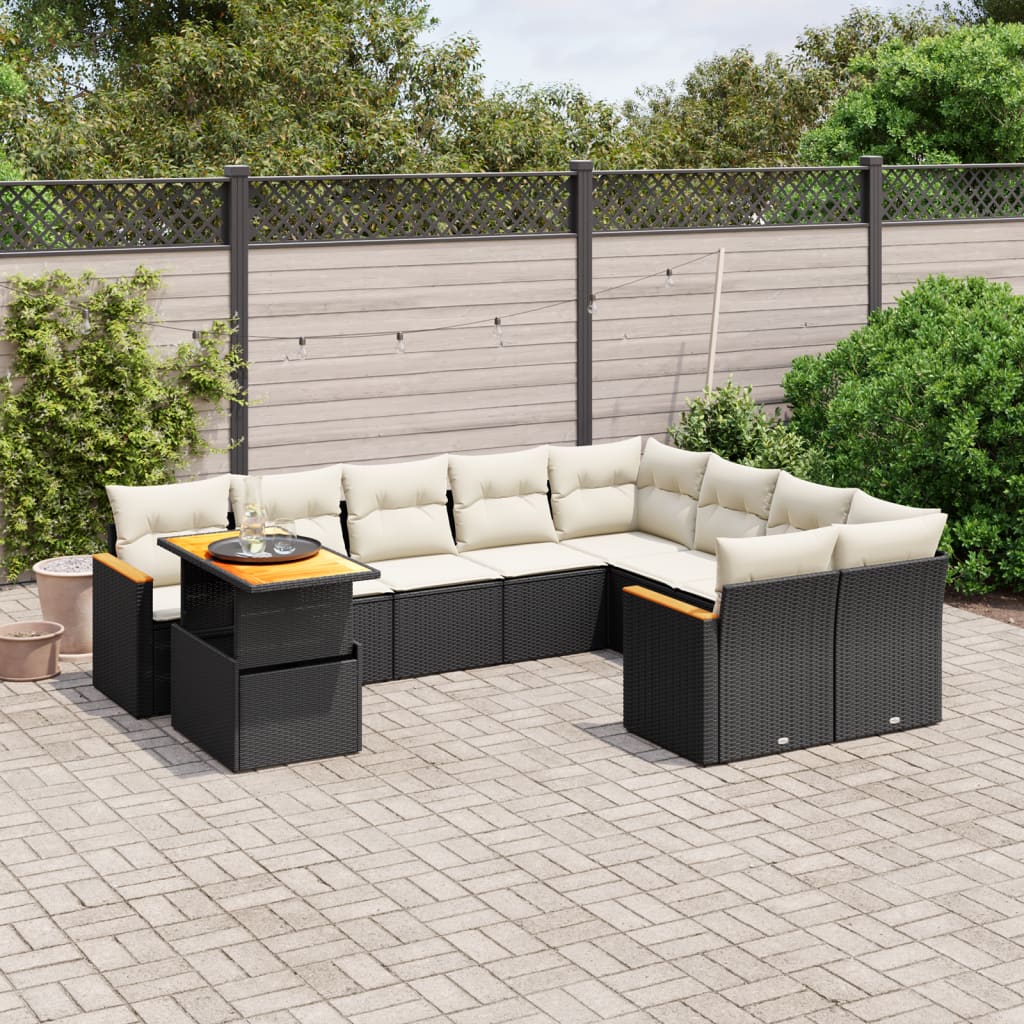 10 Piece Garden Sofa Set with Cushions Black Poly Rattan