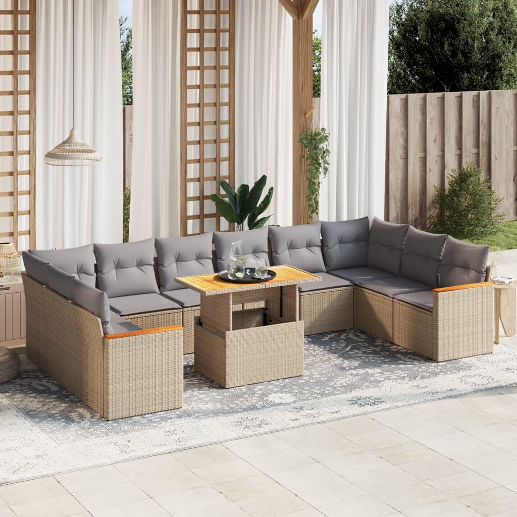 11 Piece Garden Sofa Set with Cushions Beige Poly Rattan