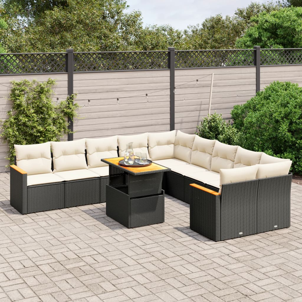 11 Piece Garden Sofa Set with Cushions Black Poly Rattan