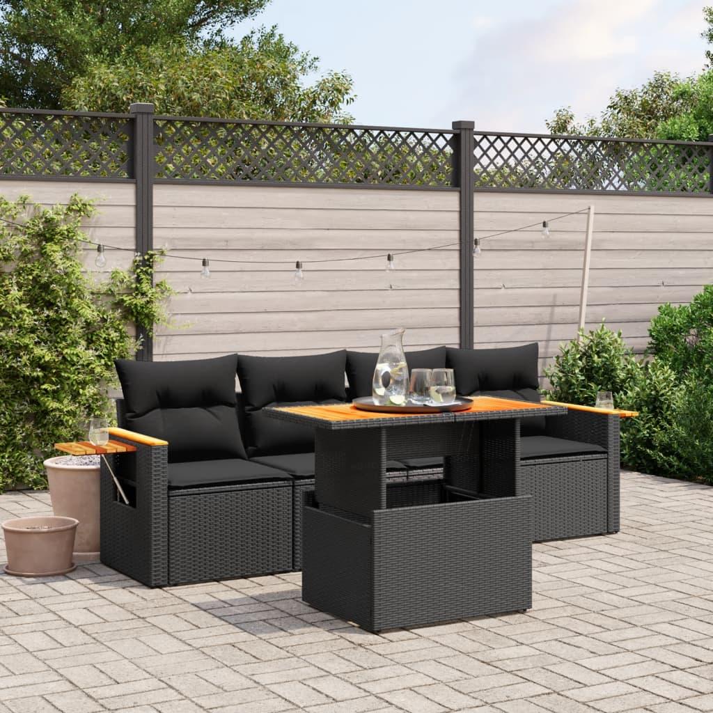 5 Piece Garden Sofa Set with Cushions Black Poly Rattan