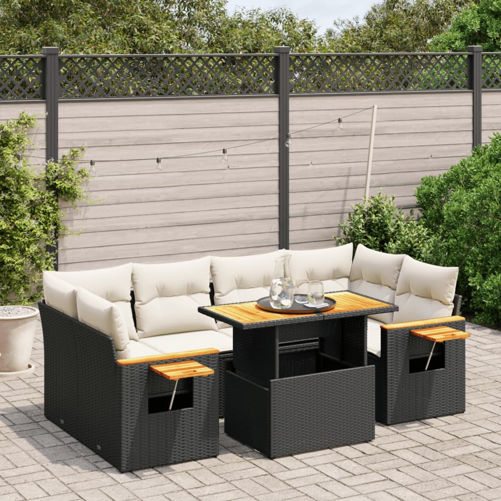 7 Piece Garden Sofa Set with Cushions Black Poly Rattan