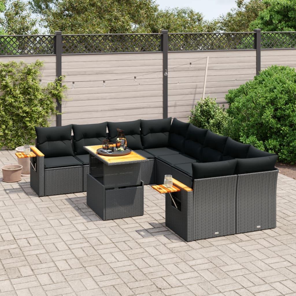 9 Piece Garden Sofa Set with Cushions Black Poly Rattan