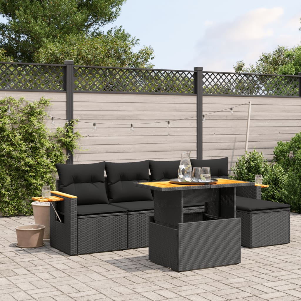 6 Piece Garden Sofa Set with Cushions Black Poly Rattan