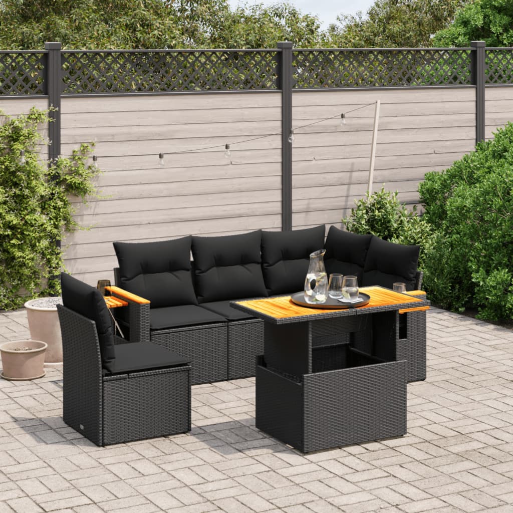 6 Piece Garden Sofa Set with Cushions Black Poly Rattan