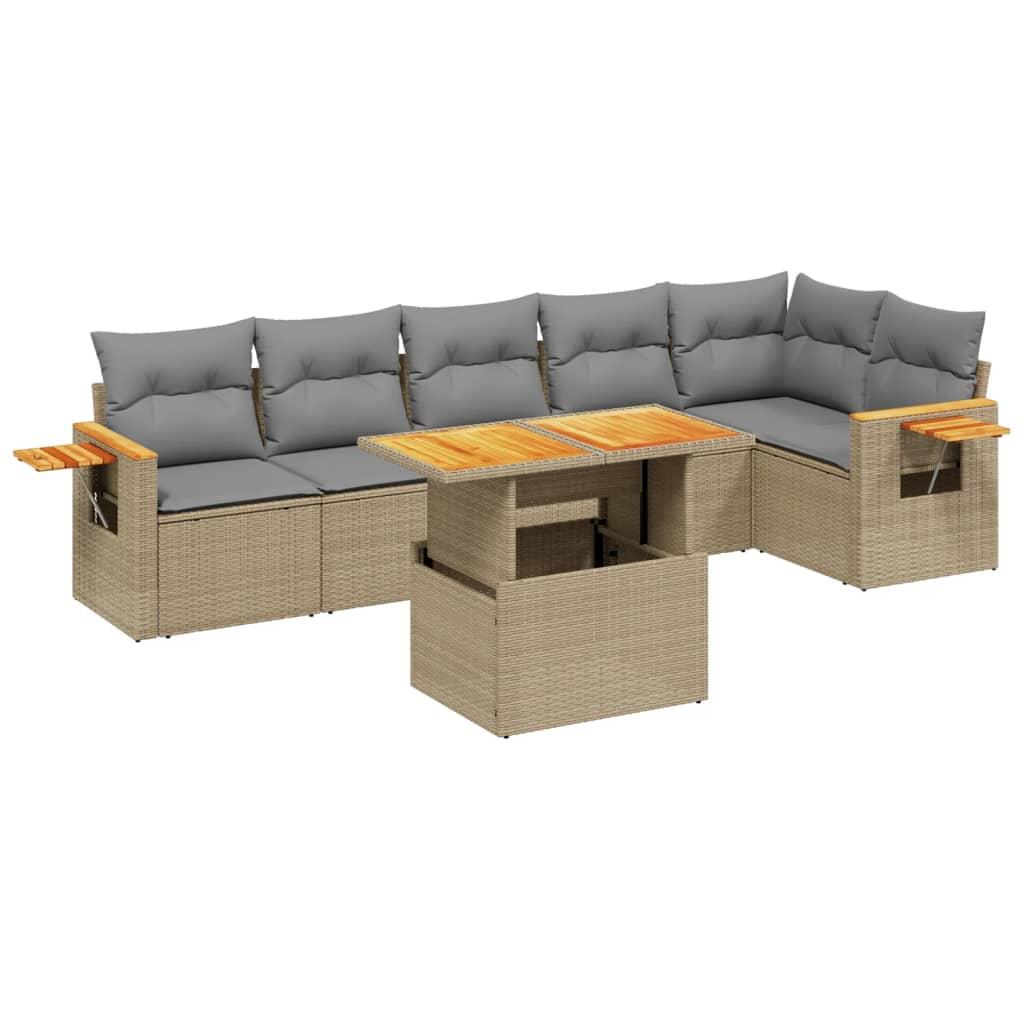 7 Piece Garden Sofa Set with Cushions Beige Poly Rattan