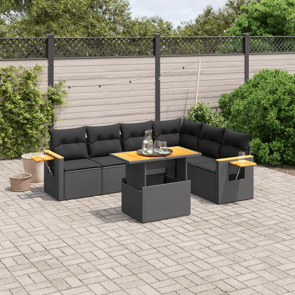 7 Piece Garden Sofa Set with Cushions Black Poly Rattan