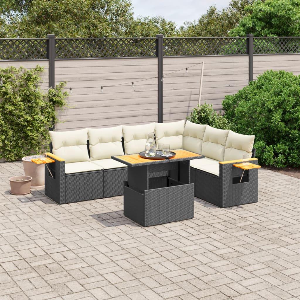 7 Piece Garden Sofa Set with Cushions Black Poly Rattan