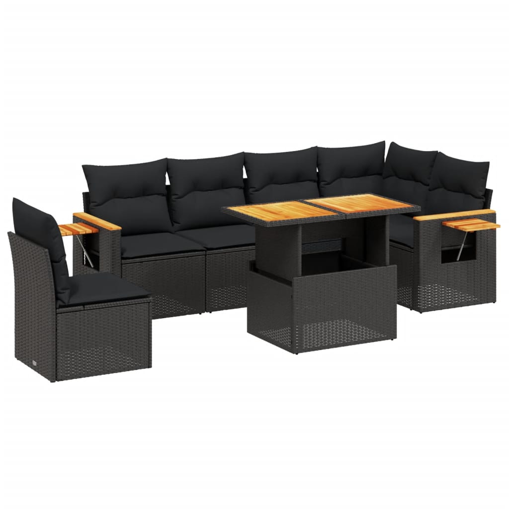 7 Piece Garden Sofa Set with Cushions Black Poly Rattan