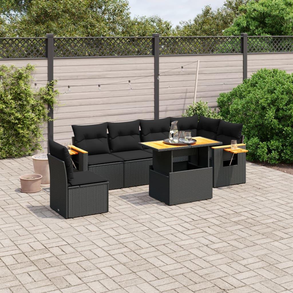 7 Piece Garden Sofa Set with Cushions Black Poly Rattan