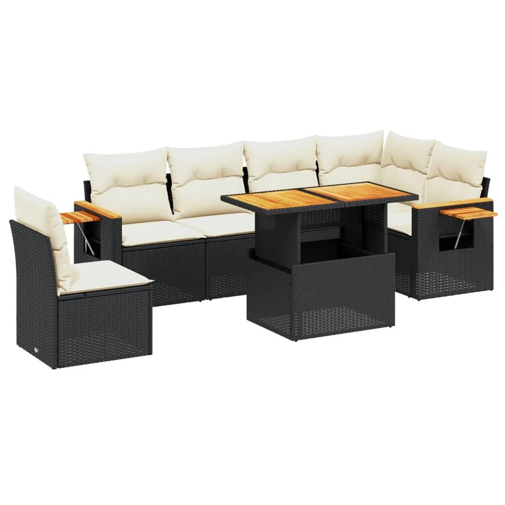 7 Piece Garden Sofa Set with Cushions Black Poly Rattan