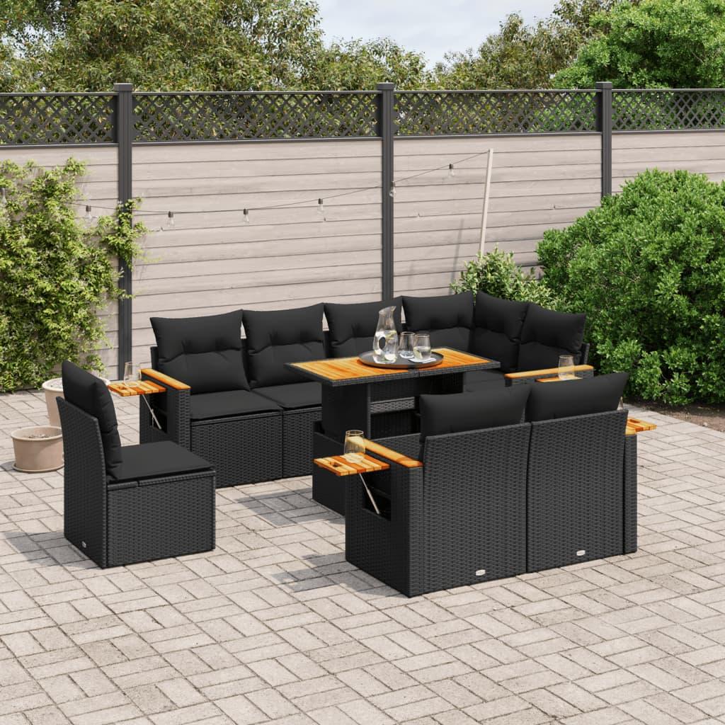 9 Piece Garden Sofa Set with Cushions Black Poly Rattan