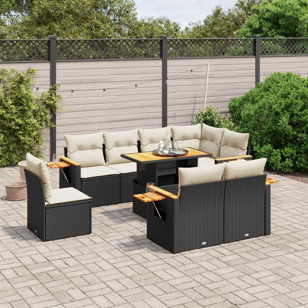 9 Piece Garden Sofa Set with Cushions Black Poly Rattan
