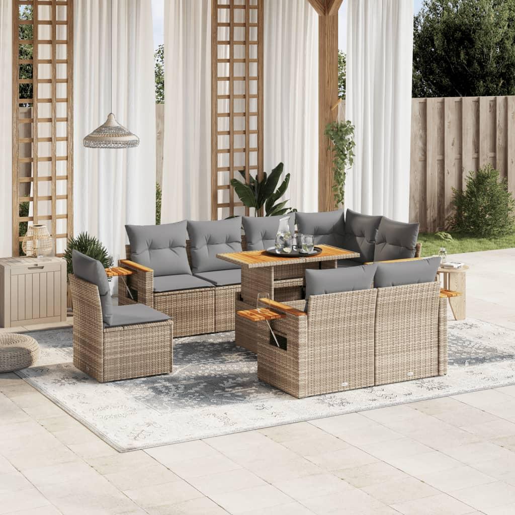 9 Piece Garden Sofa Set with Cushions Beige Poly Rattan