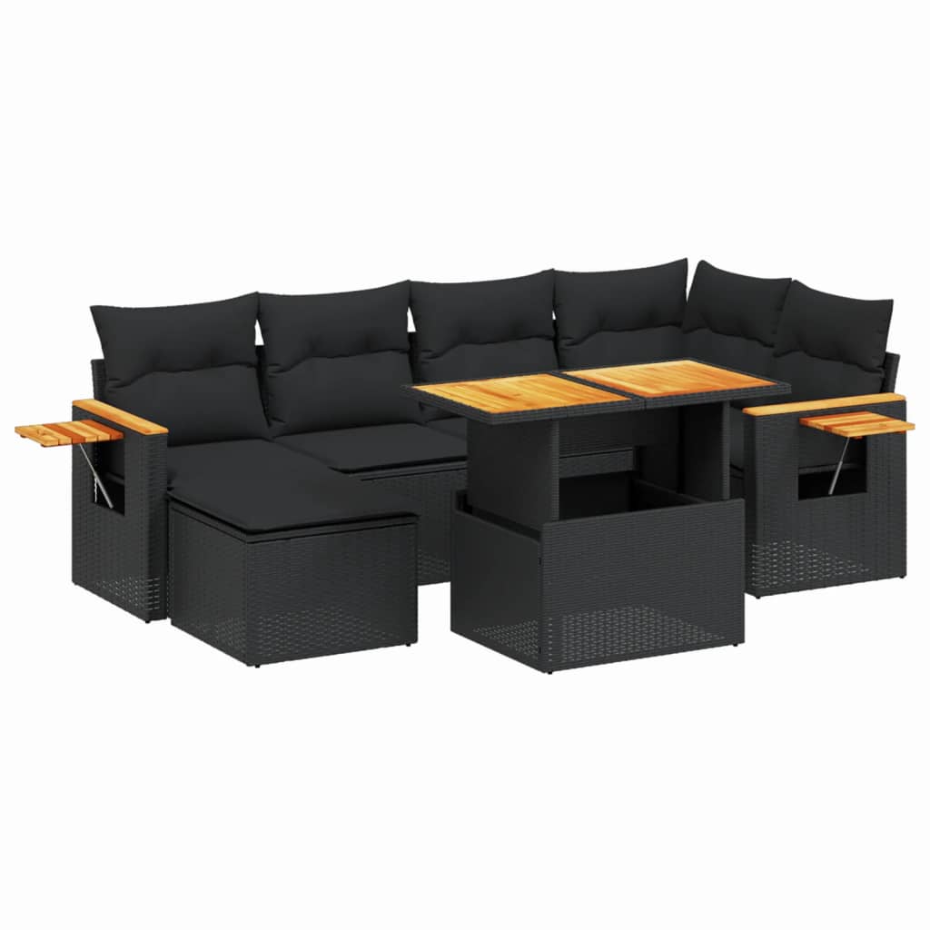 7 Piece Garden Sofa Set with Cushions Black Poly Rattan